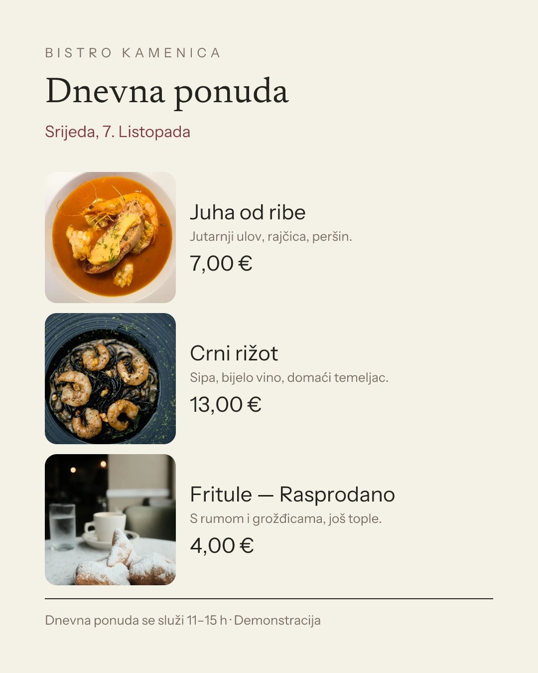 Stvarni izvoz dnevne ponude Bistroa Kamenica u njegovoj paleti i tipografiji.